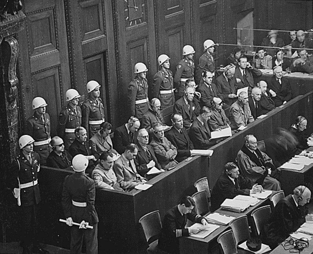 Nuremberg Trials. Looking down on defendants dock, circa 1945-1946.